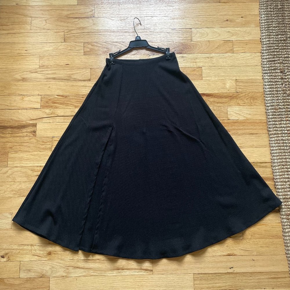 Reformation Ribbed A-Line Flowy Midi Skirt w/ Side Slit, Black, Sz XS